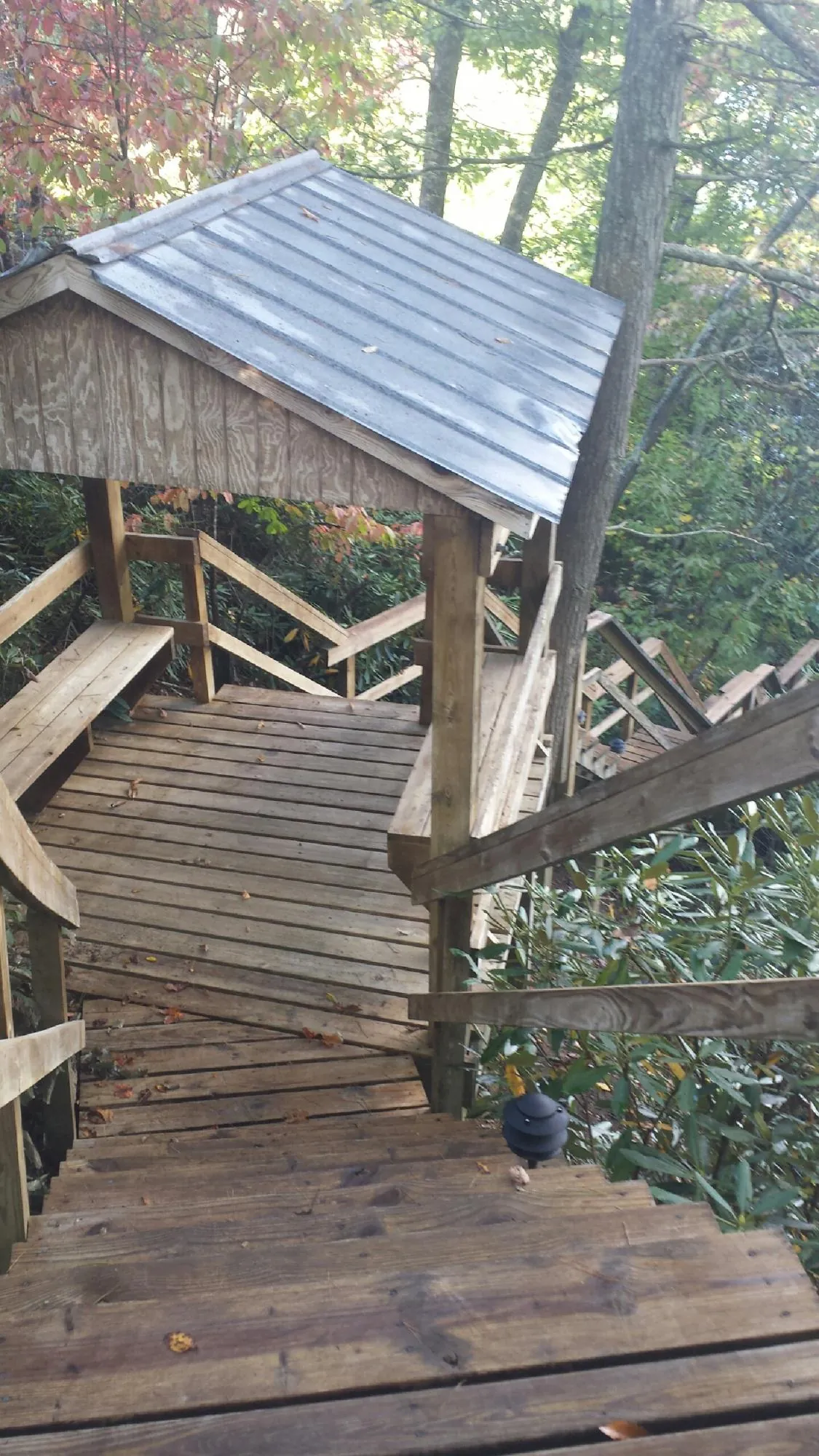 Metal roofed shelter over wooden steps on a wooded walkway — Skylight Repair & Installation work by our crew in Hilo